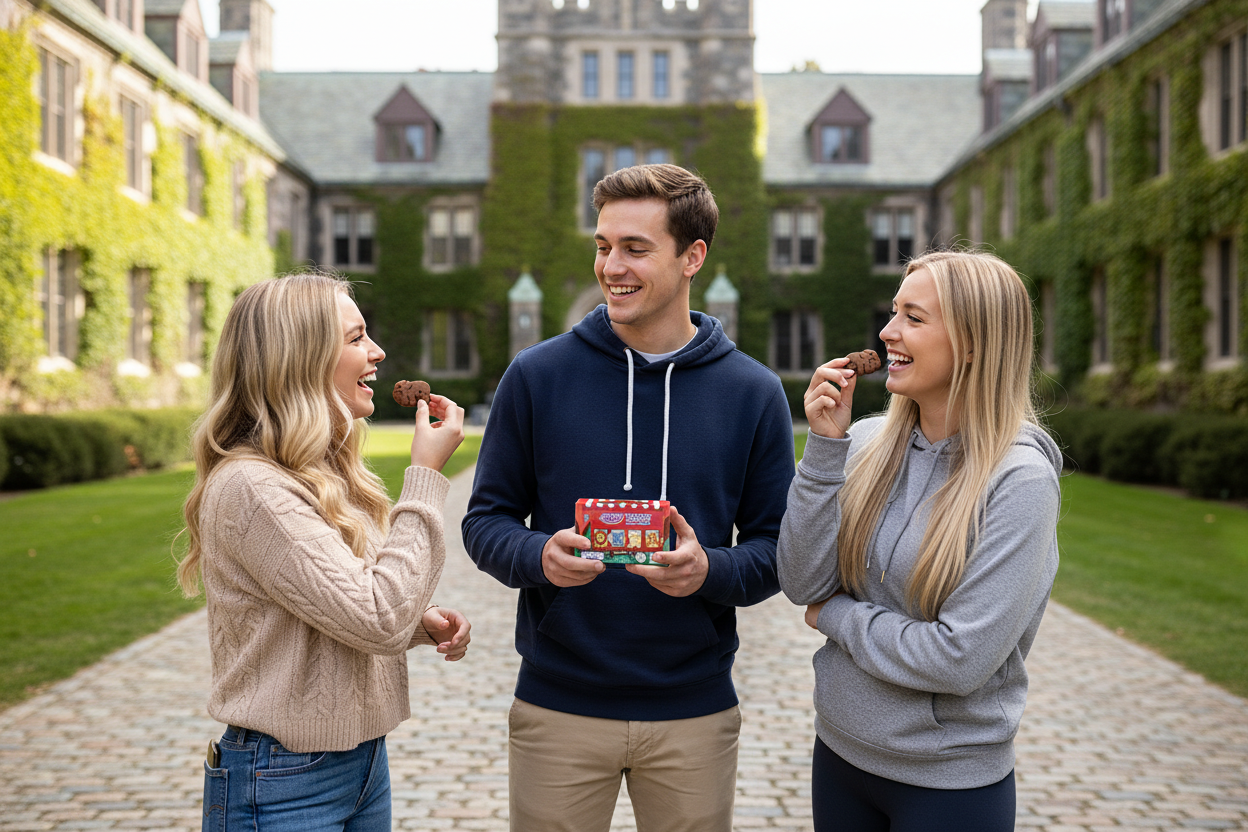 two college girls and man on campus with 2 oz chocolate box